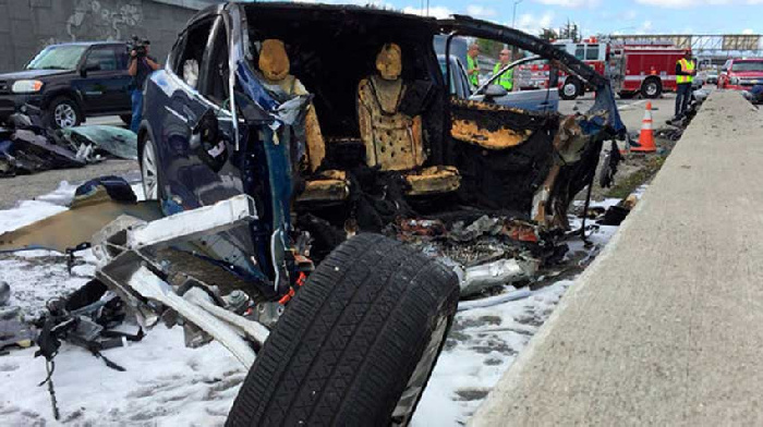 Tesla Model X crashed, caught fire and exploded.