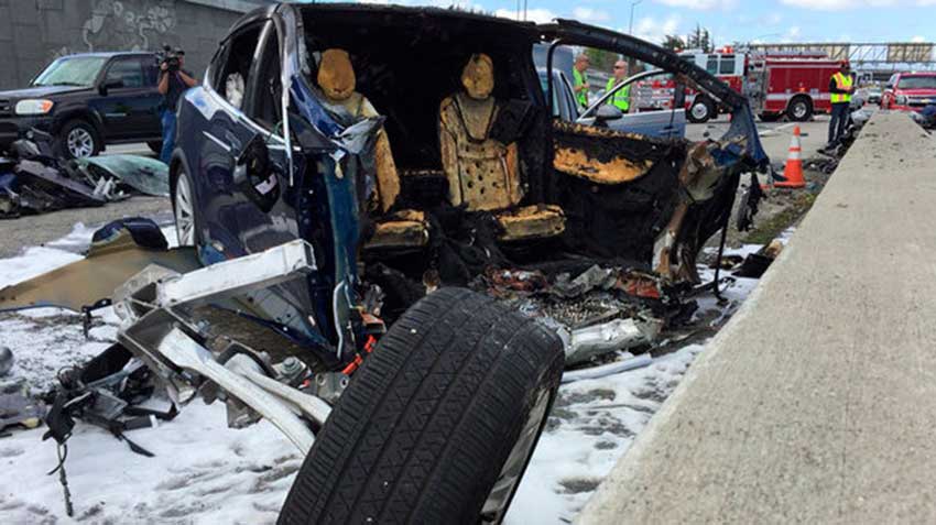 Tesla Model X crashed, caught fire and exploded.